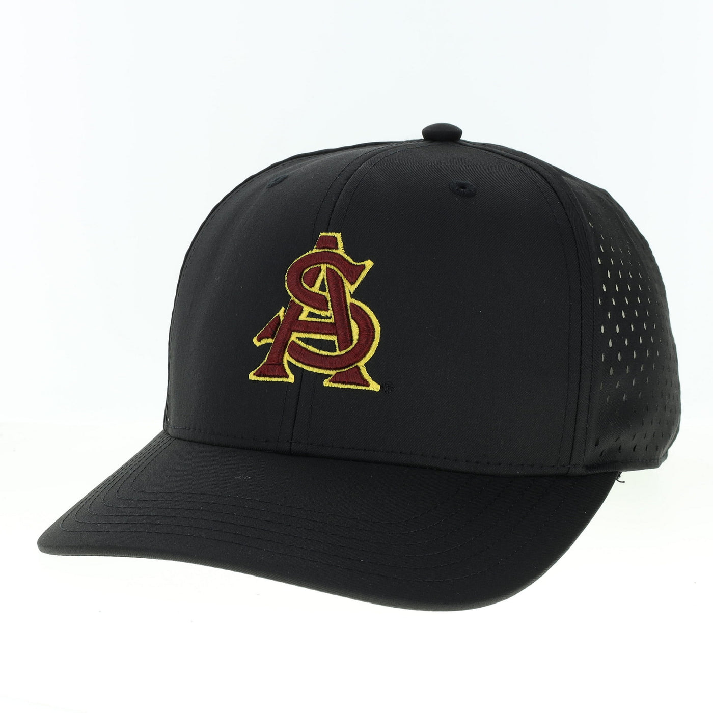 ASU black hat with mesh on the backside and the interlocking a&s logo on the front in maroon outlined in gold.