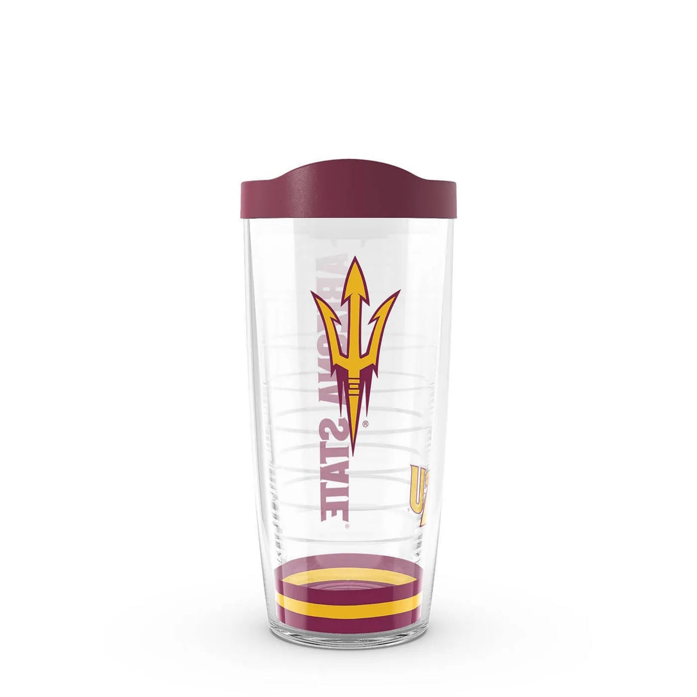 ASU tumbler with pitchfork on the front and 'Arizona State' on the back with a white top fading into an opaque body and maroon lid