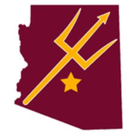 ASU decal of the state of Arizona with gold pitchfork and star inside