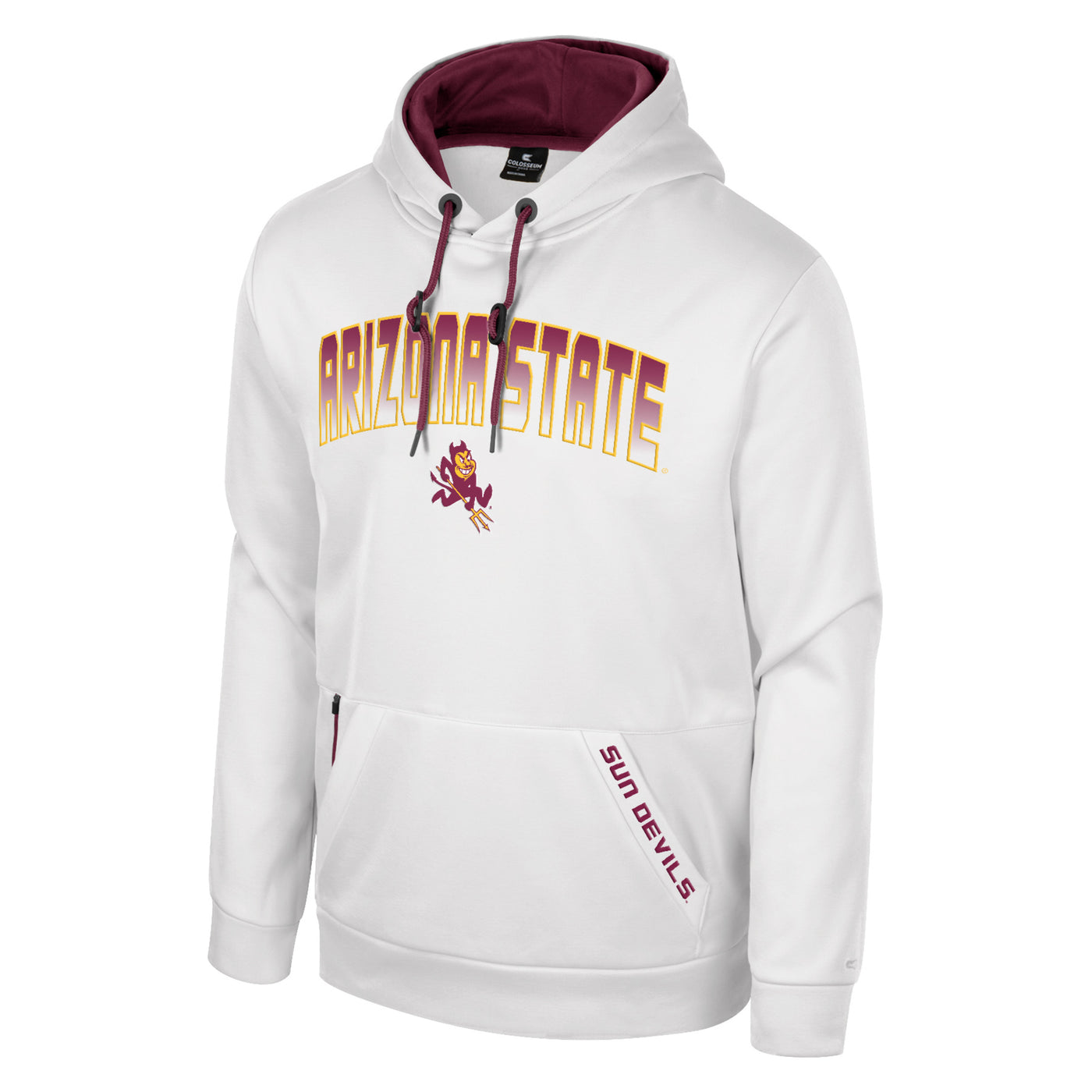 ASU white hoodie with maroon lined hood and maroon drawstrings. The maroon text 