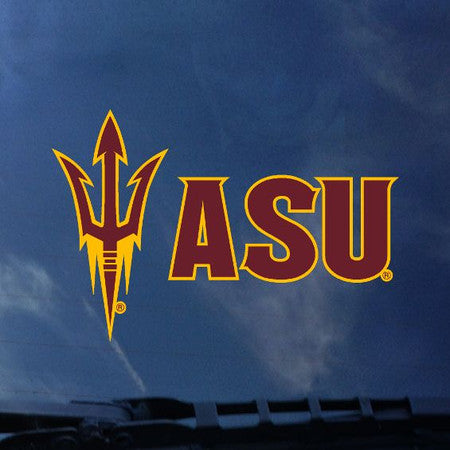 ASU decal with pitchfork and 'ASU' in gold and maroon