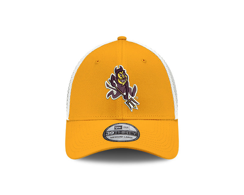 Front view of ASU gold hat with white mesh back and Sparky