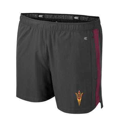Asu grey shorts with a vertical maroon stripe down the side of the leg and a small pitchfork logo and the bottom of the left leg.