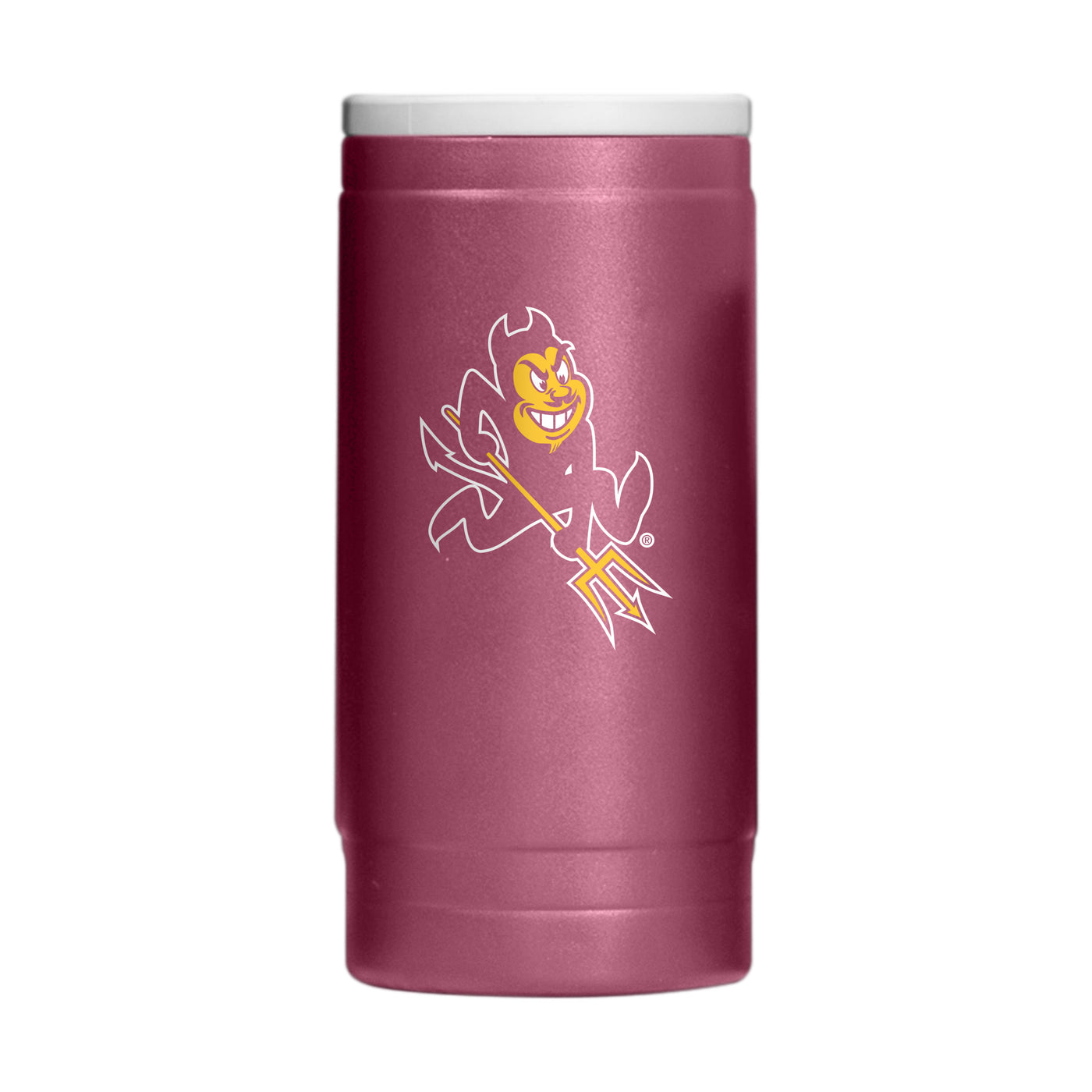 ASU maroon plastic coolie for taller slim cans with the ASU mascot sparky on it.