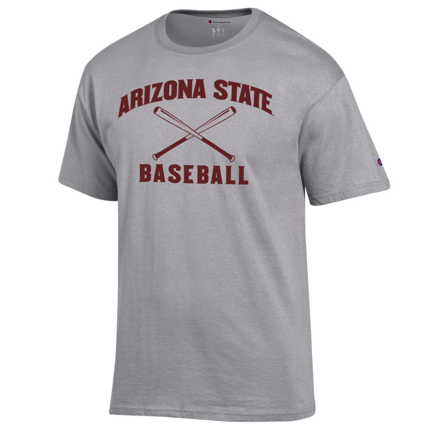 ASU gray Champion tee with 'Arizona State Baseball' lettering surrounding to baseball bats crossed