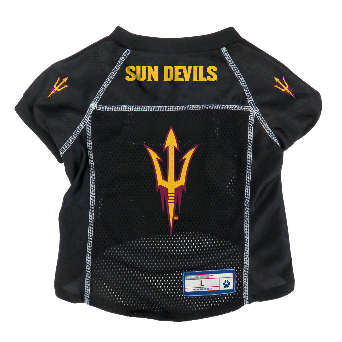 ASU mesh black pet football jersey. A gold fork oulined in maroon on each shoulder. One large gold fork outlined in maroon on the back and the text 