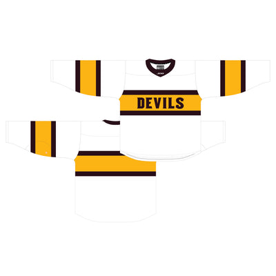 Computer rendered ASU white hockey jersey with a thick gold strip sorounded by two small maroon stripes on each arm. Same strip pattern around teh torso with the text "Devils" in  the thick gold strip written in maroon. Also maroon lined collar.