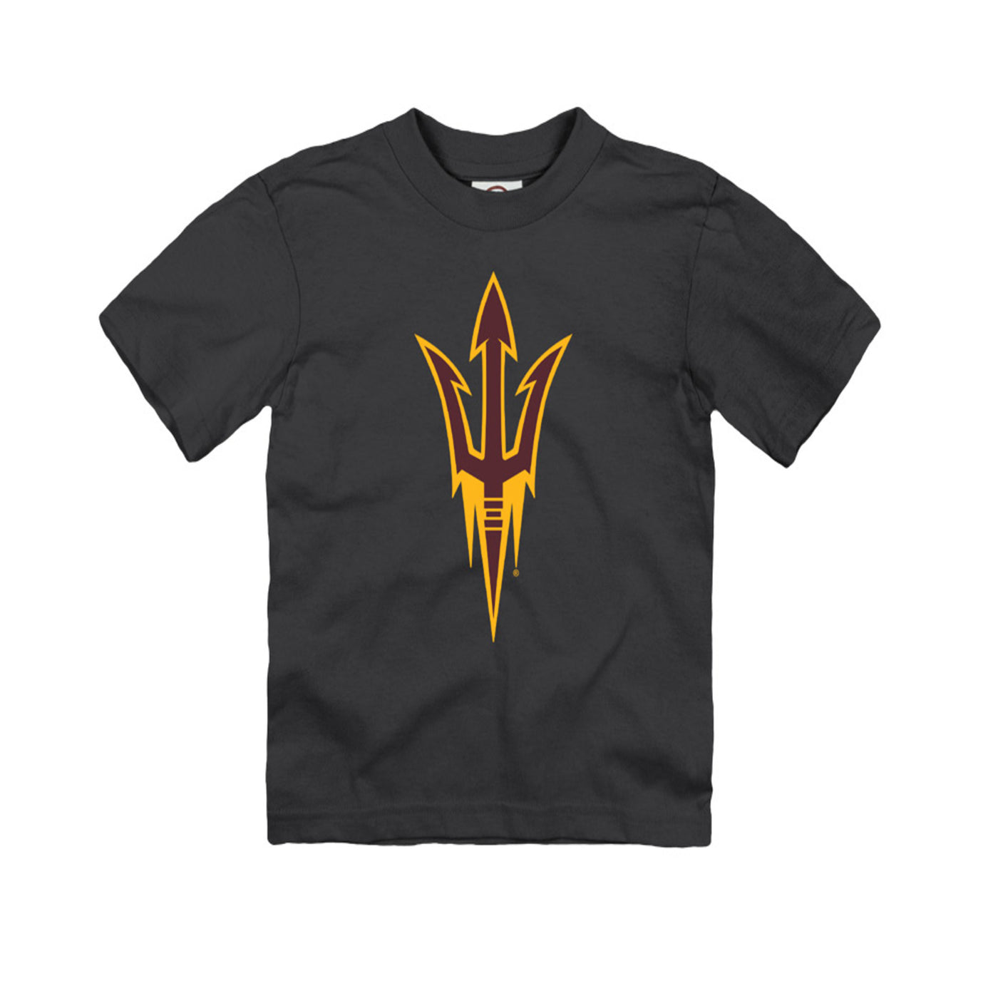 ASU black todler tee with the maroon pitchfork outlined in gold.