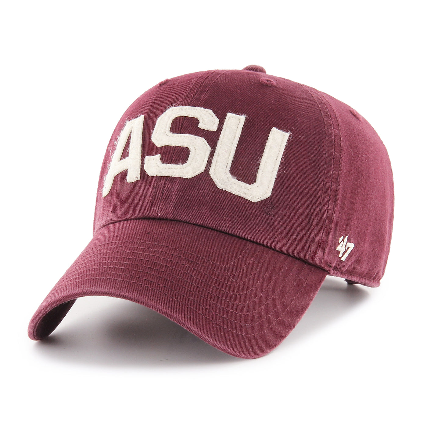 ASU maroon hat with ASU in white stitched college font on the front. The side of the hat features the sewn '47 logo. 