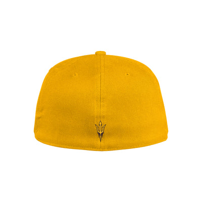 Back of ASU gold fitted hat with a pitchfork at the bottom