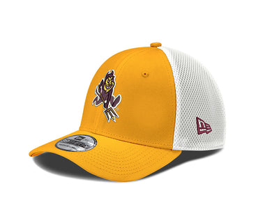 Left profile of ASU gold hat with white mesh back and Sparky