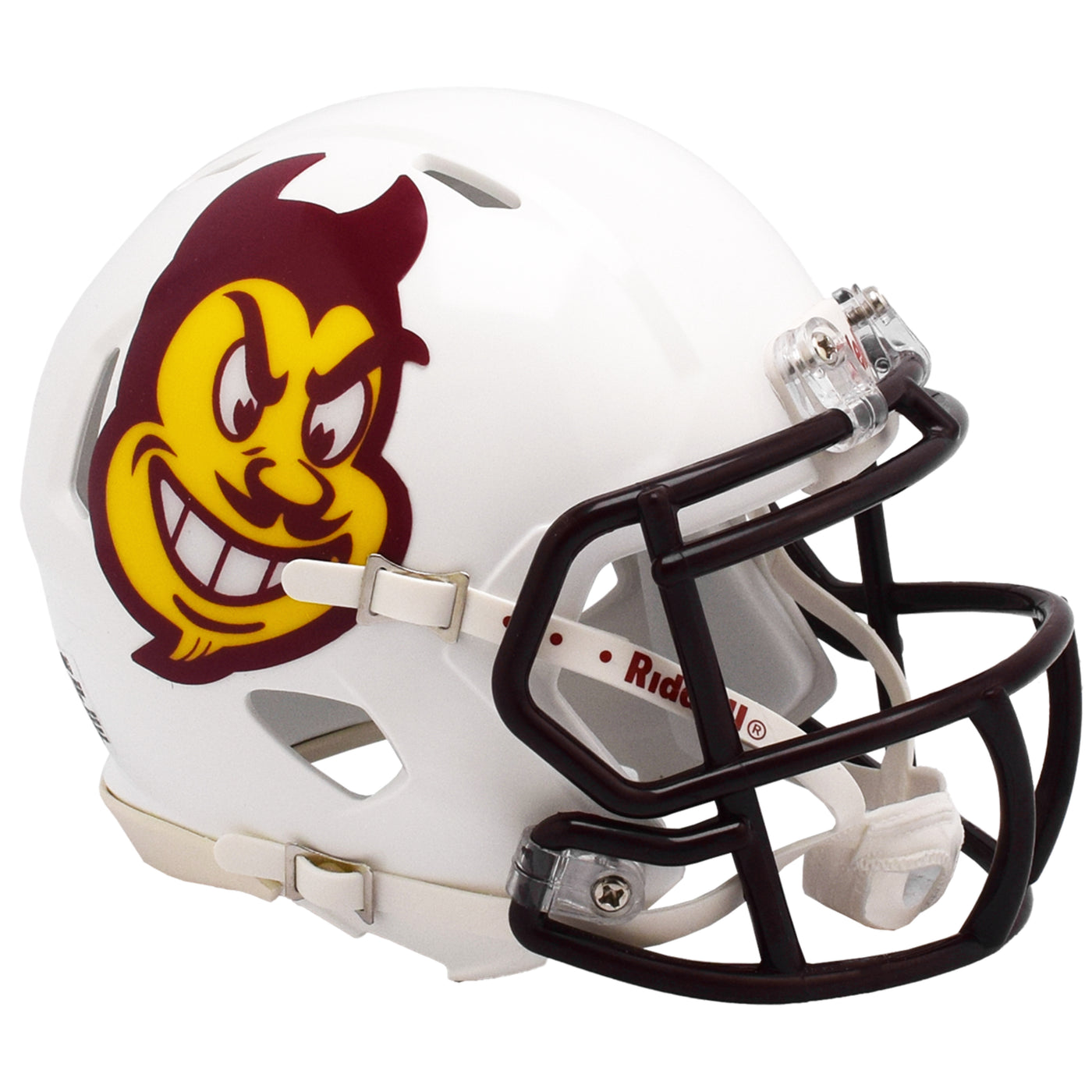 side of ASU white mini helmet with a large sparky mascot face on the side