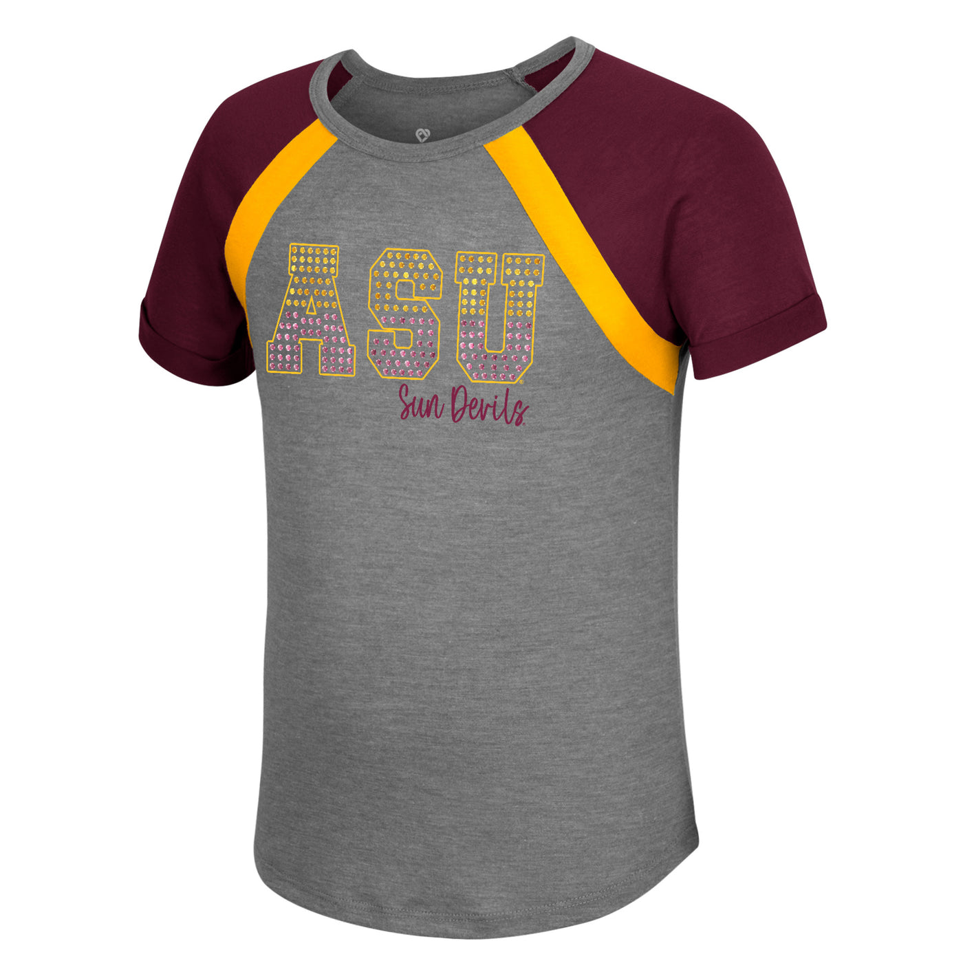 ASU grey shirt with gold stripe accents along the sleeve seem. The sleeves are maroon and folded over. On the chest of the shirt is 