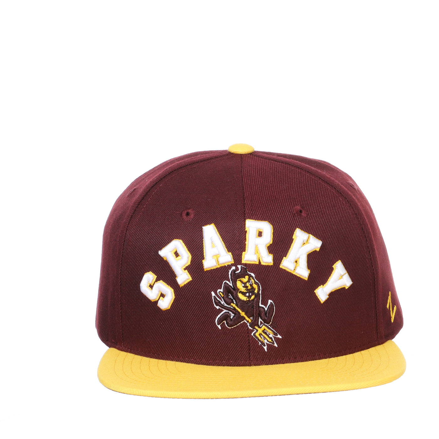 ASU maroon and gold snapback hat with flat bill and 'Sparky' lettering above an embroidered Sparky