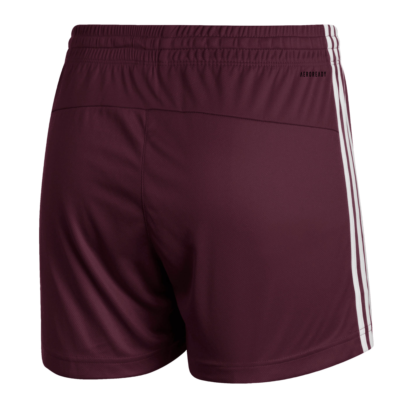 Back view of ASU maroon women's shorts with 3 white stripes down the side