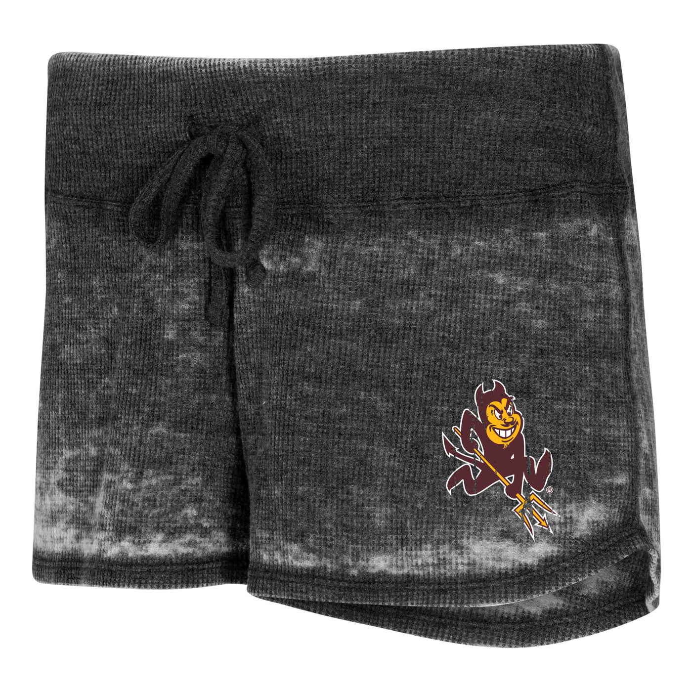 ASU gray waffle knit shorts with a Sparky on the leg and a gray drawstring