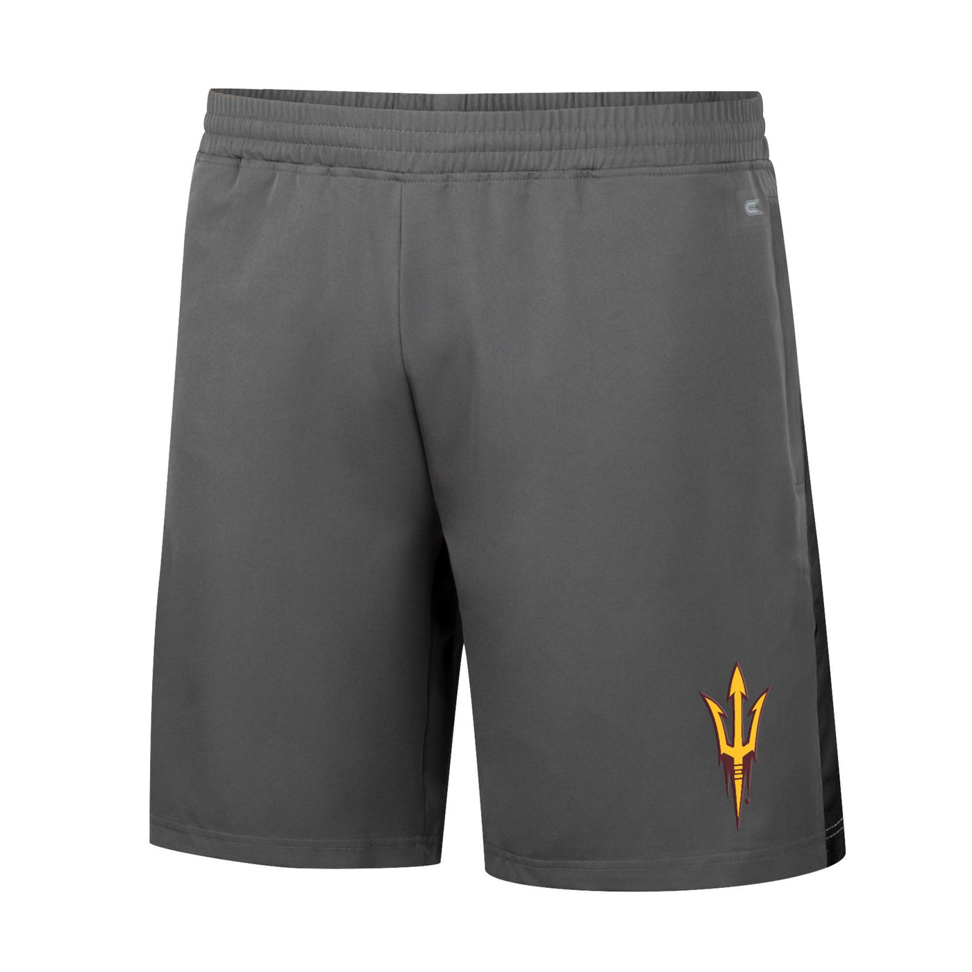 ASU gray shorts with elastic band waist and a pitchfork on the leg
