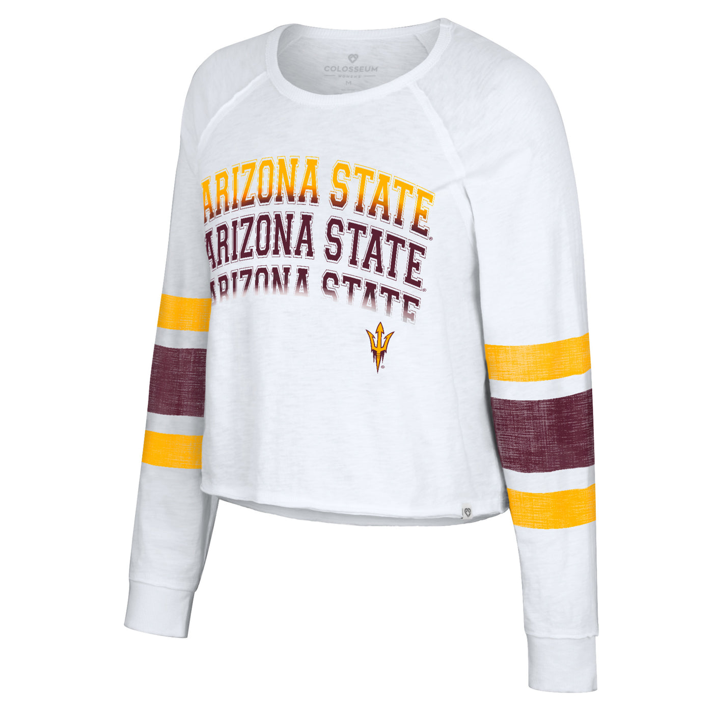 ASU white long sleeve crop top with 3 maroon and gold stripes on each arm and 'Arizona State' repeating down the front, above the pitchfork