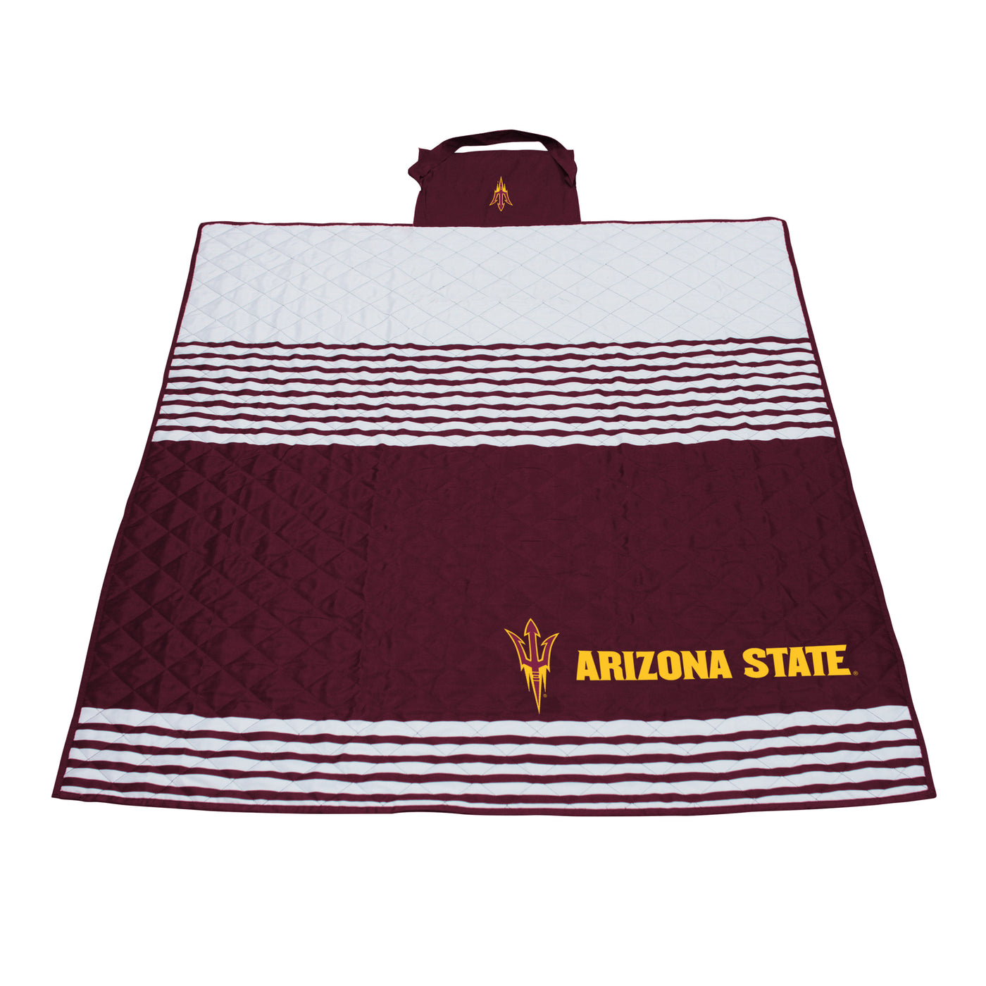 ASU white and maroon striped blanket. has a pitchfork and Arizona State text. Comes with an attached bag to fold the blanket into. 