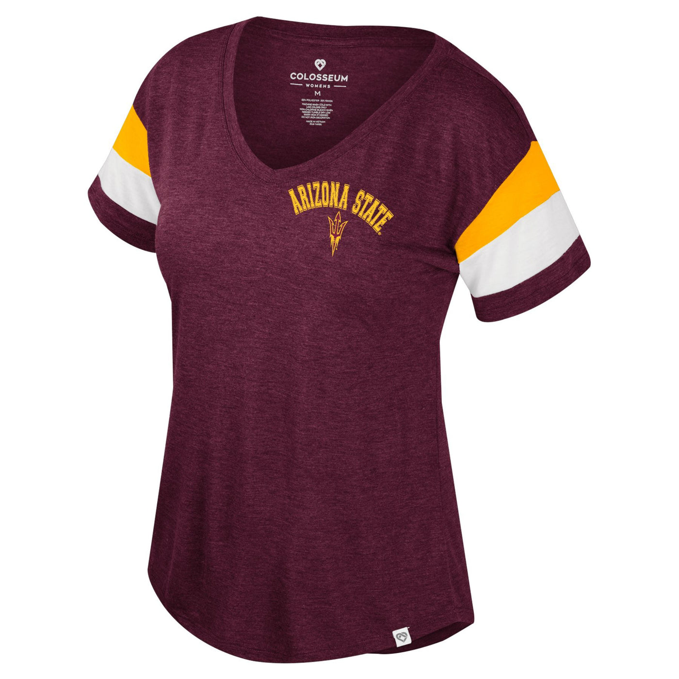 ASU maroon women's v-neck with a thick gold and white stripe on each sleeve. On the left side of the chest is the gold text 