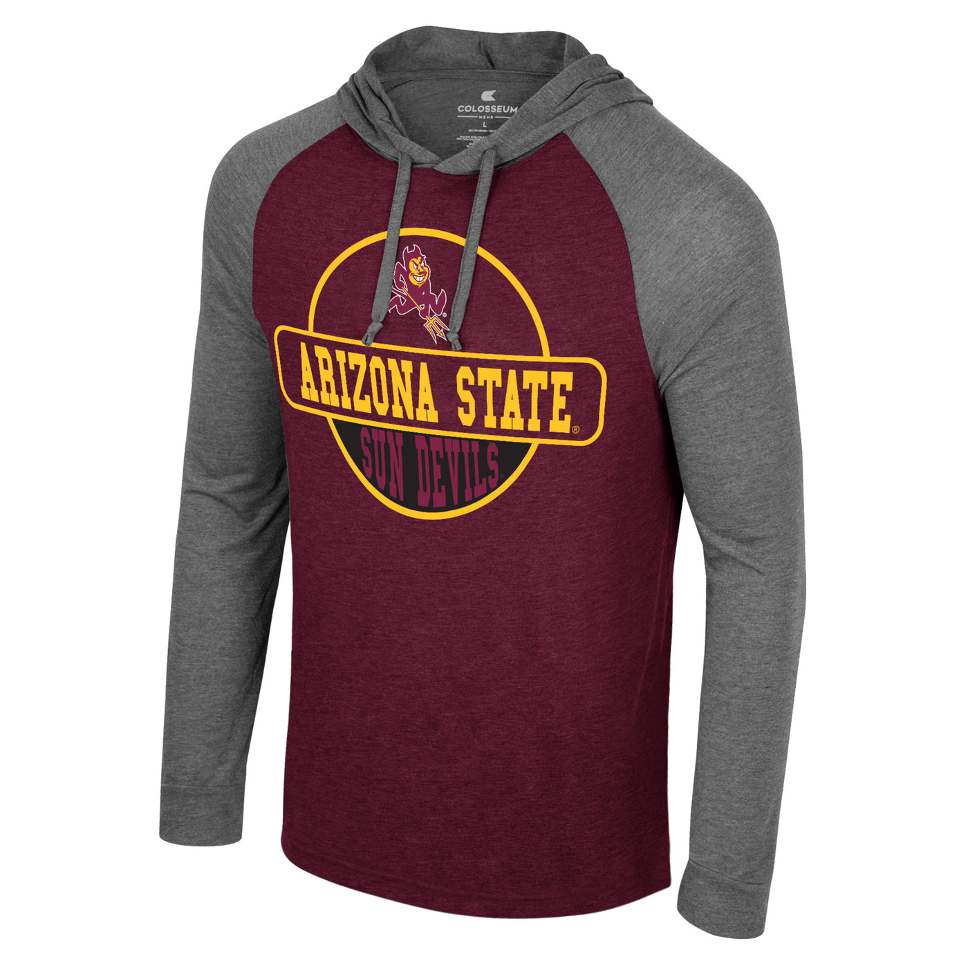 Asu maroon hood with grey sleeves and hood. In the center there is a gold outline of a circle with a sparky mascot inside. There is a gold outline of a round rectangle overlapping the circle with the gold text 
