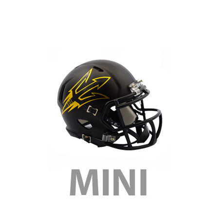 ASU mini black football helmet with gold diagonal pitchfork outline across the side