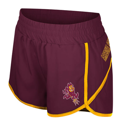 ASU maroon womens shorts with a gold trim and a small sparky mascot on the side.