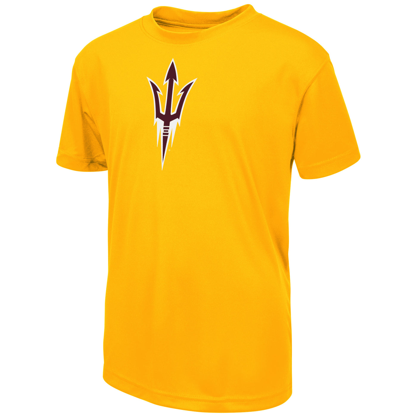 ASU youth gold athletic tee with white and maroon pitchfork