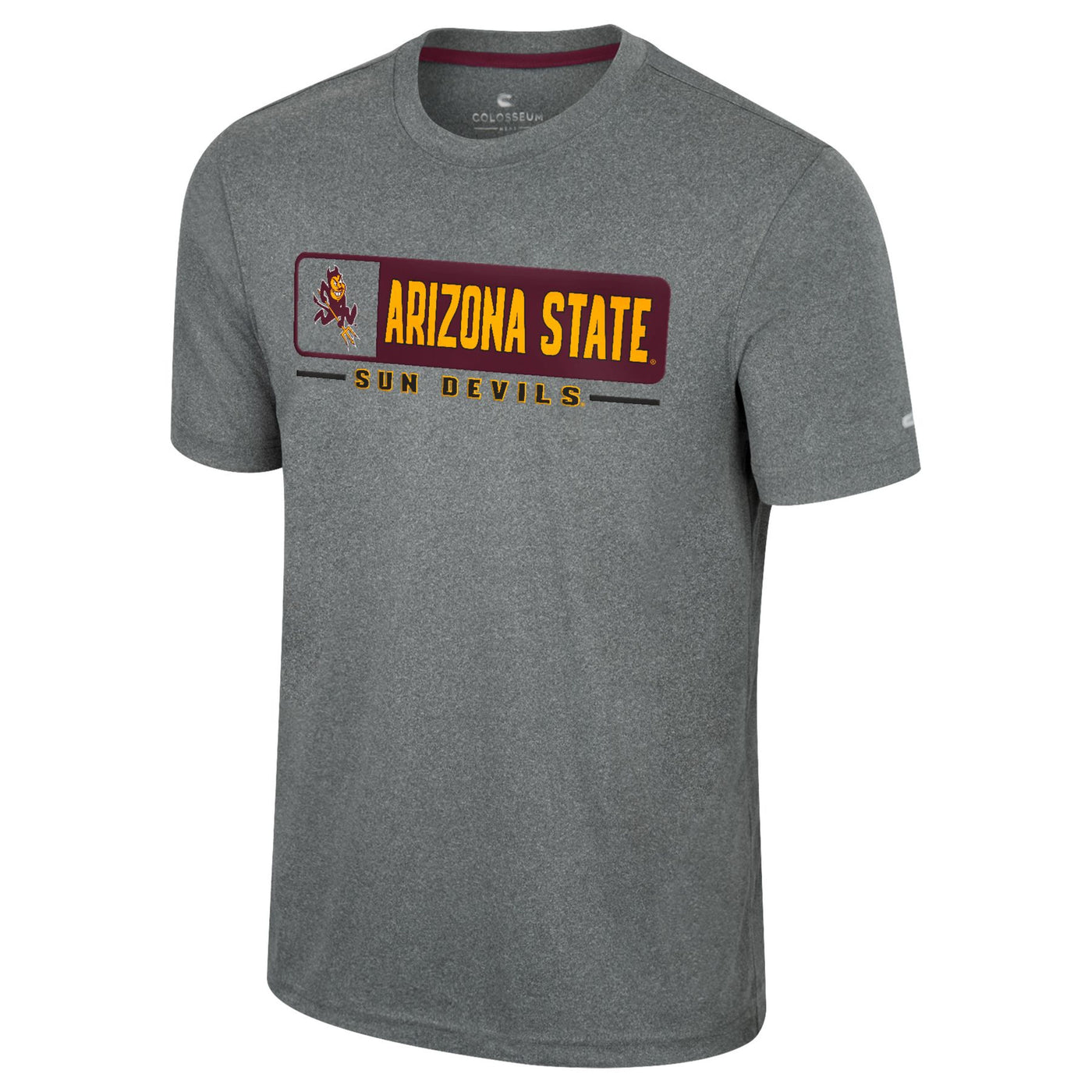 ASU grey athletic material short sleeve shirt. On the chest is a maroon filled in box with 