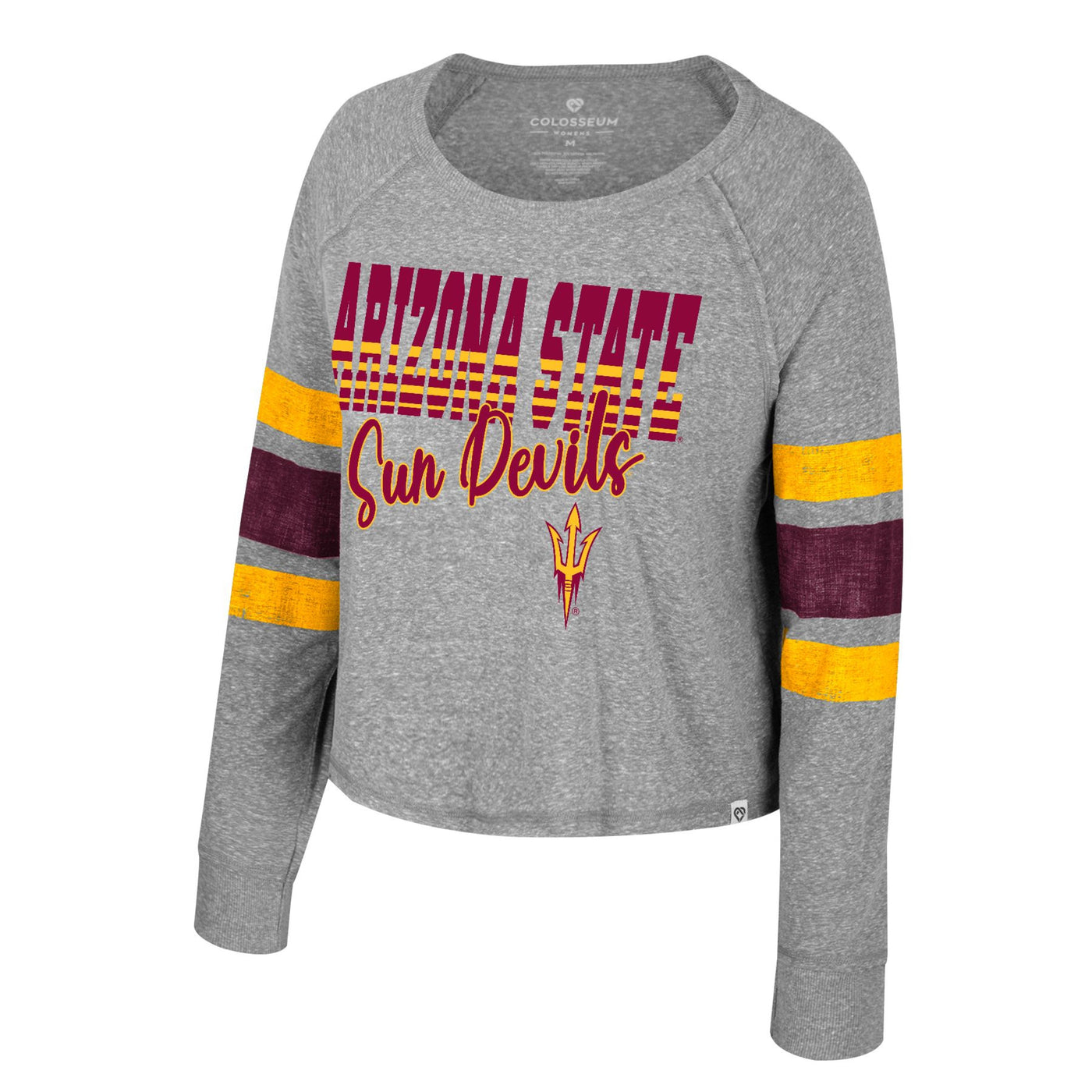 ASU grey long sleeve crop top with three stripes on each arm in the colors gold maroon and gold. on the chest is the text 