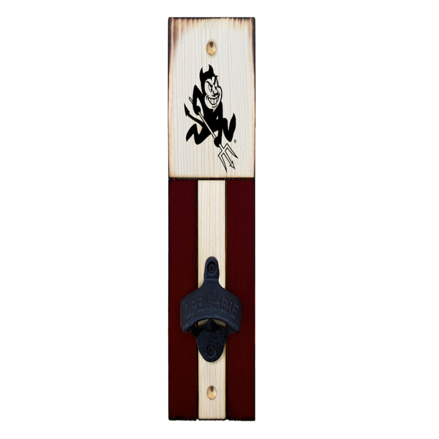 ASU wood wal mount bottle opener with Sparky carved at the top and maroon and pale wood panels at the bottom