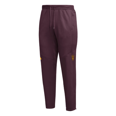 ASU maroon jogger pants with a small gold outline pitchfork and a maroon diamond shaped textile down the side from hip to knee 