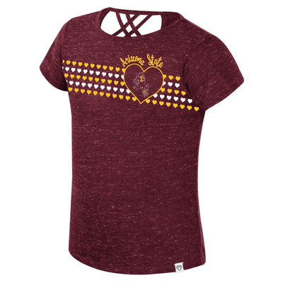 ASU youth girls maroon t-shirt with 5 stripes of small hearts alternating between gold and white. A heart outline with the sparky mascot inside and above is the cursive gold text "Arizona State"