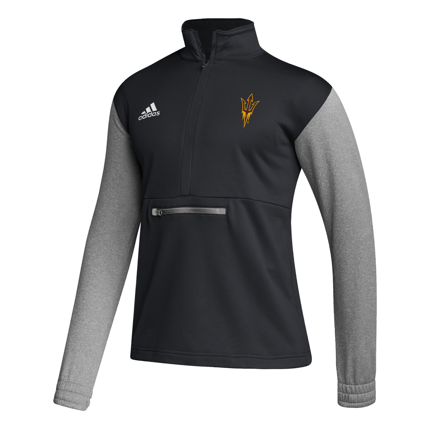 ASU black 1/4 zip jacket with grey sleeves. a small white adidas logo on one side of chest and a gold outline of a pitchfork on the otehr. A grey zipper on the front stomach for a pocket 