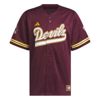 ASU maroon retro baseball jersey with the text "Devils" in cursive across the front with the end of the word turning into an underline for the word all in white outlined in gold. There is a gold and white stripe pattern on the arms. One arm has the sparky mascot and the other has the pac 12 logo.