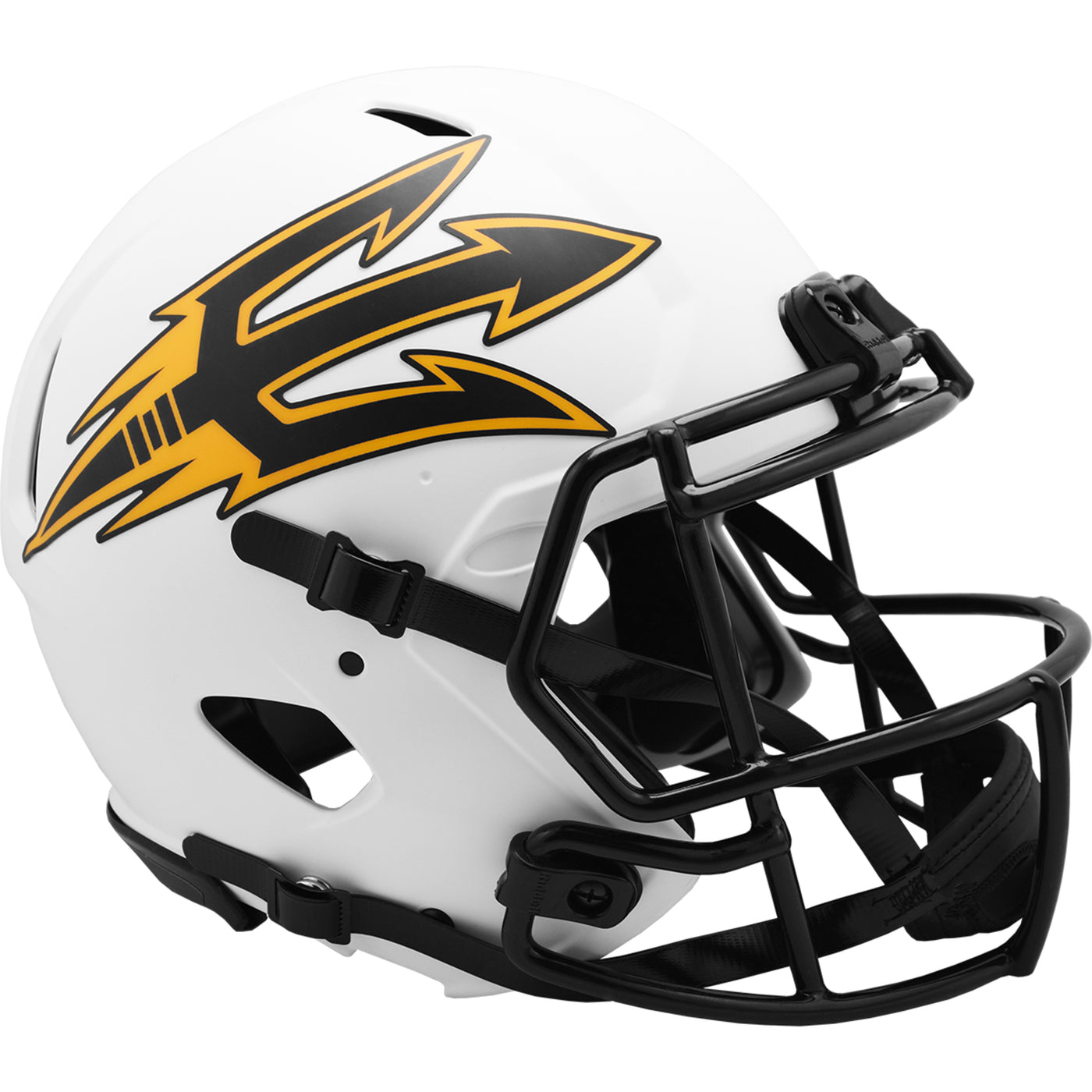 ASU white football helmet with black and gold pitchfork on the side with black face guard