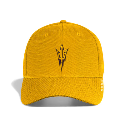 ASU gold hat with curved bill and a pitchfork logo on front panel.
