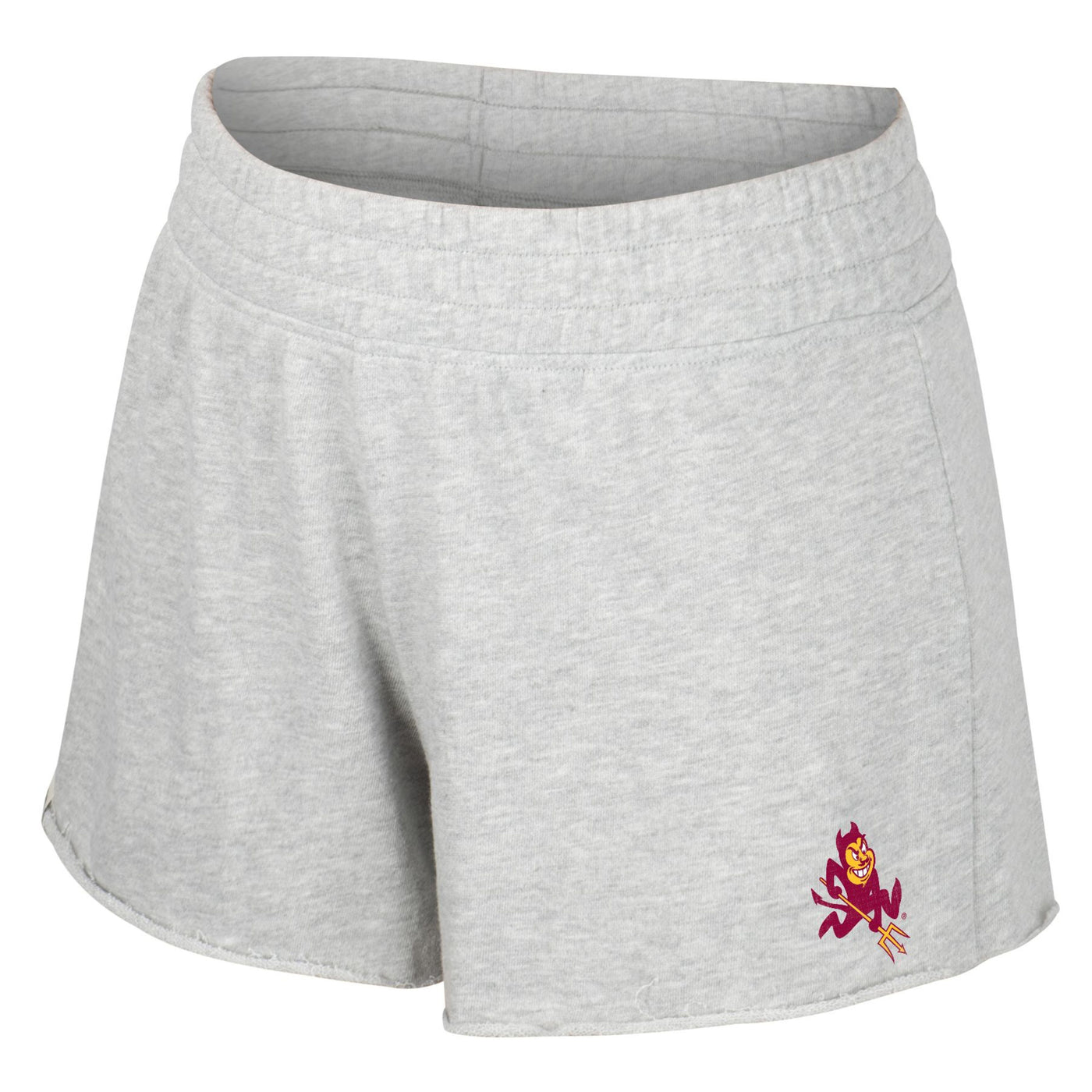 ASU women's grey shorts with small sparky mascot on bottom corner
