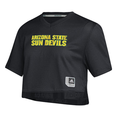 ASU black cropped womens jerseu with the text "Arizona State Sun Devils" in gold on chest.
