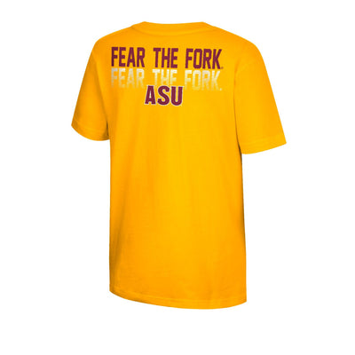 Backside of Gold ASU youth shirt with the text "fear the fork" twice, once in maroon and once in white stripes to create the reflection effect. below that is the text "asu" in maroon outlined in white.