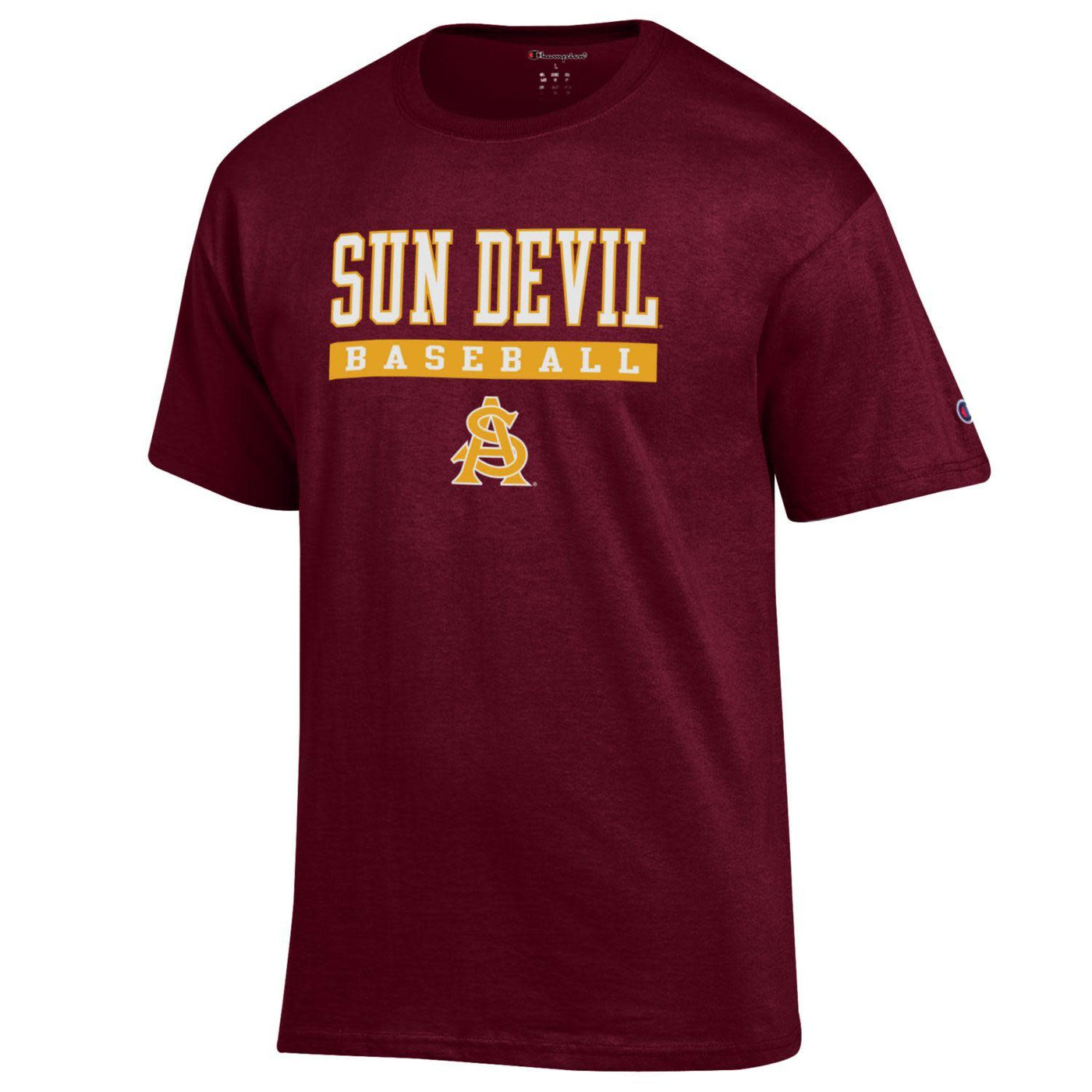 ASU maroon tee with 'Sun Devil Baseball' what lettering and an interlocking 'A' and 'S' in white and gold 