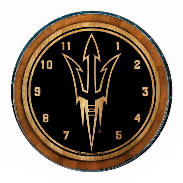 ASU wooden barrel clock with pitchfork and numbers 1-11
