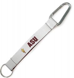 ASU Key chain carabiner with about a 6inch lanyard of reflective silver color. On the lanyard is the ASU pitchfork in gold outlined in maroon and the text 