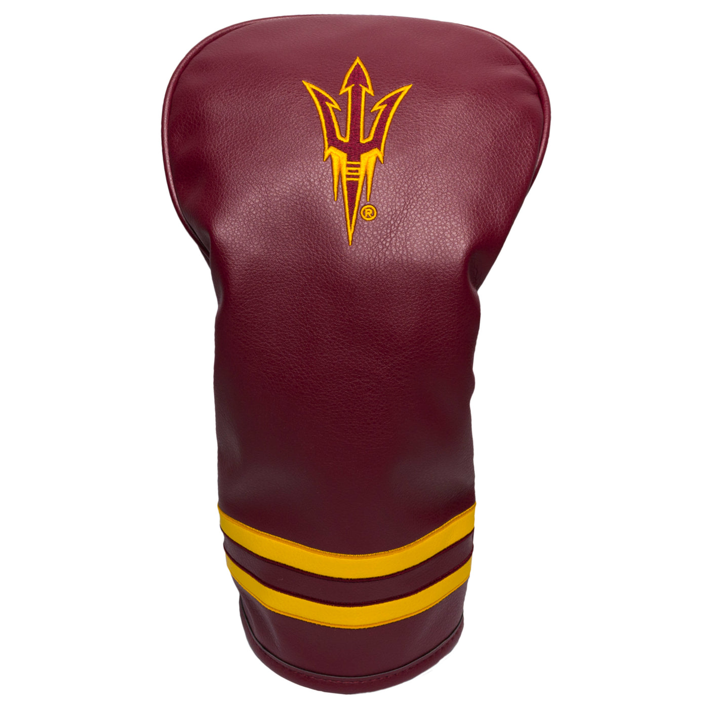 ASU leather like maroon material with embroidered pitchfork at the top and 2 gold stripes near the base