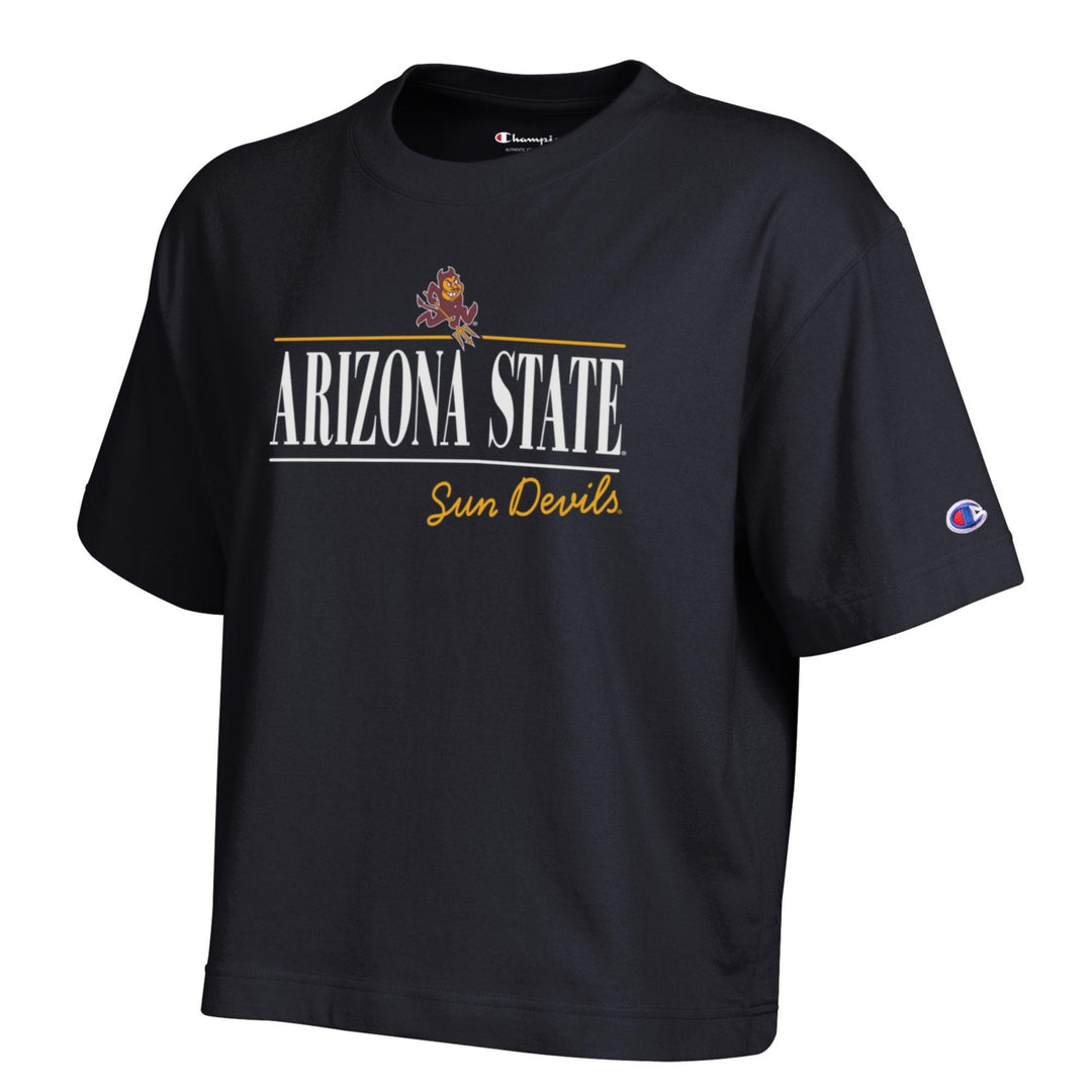 Black crop tee with Arizona State Sun Devils and mascot across the chest