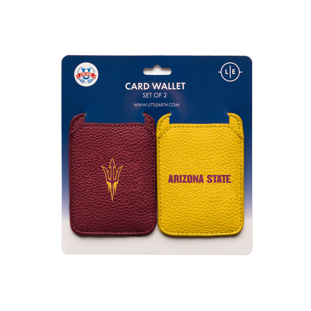 Maroon wallet with maroon and gold pitchfork and gold wallet with maroon 'Arizona State'.