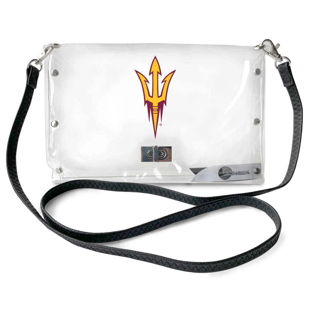 Clear crossbody bag with a logo on a white background