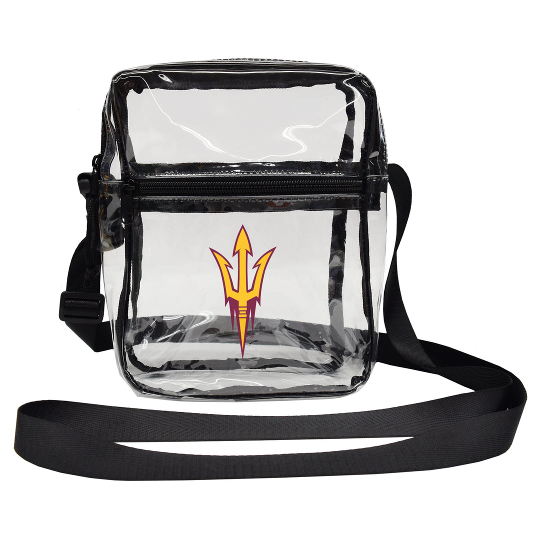 Clear crossbody bag with black strap featuring a logo on a white background