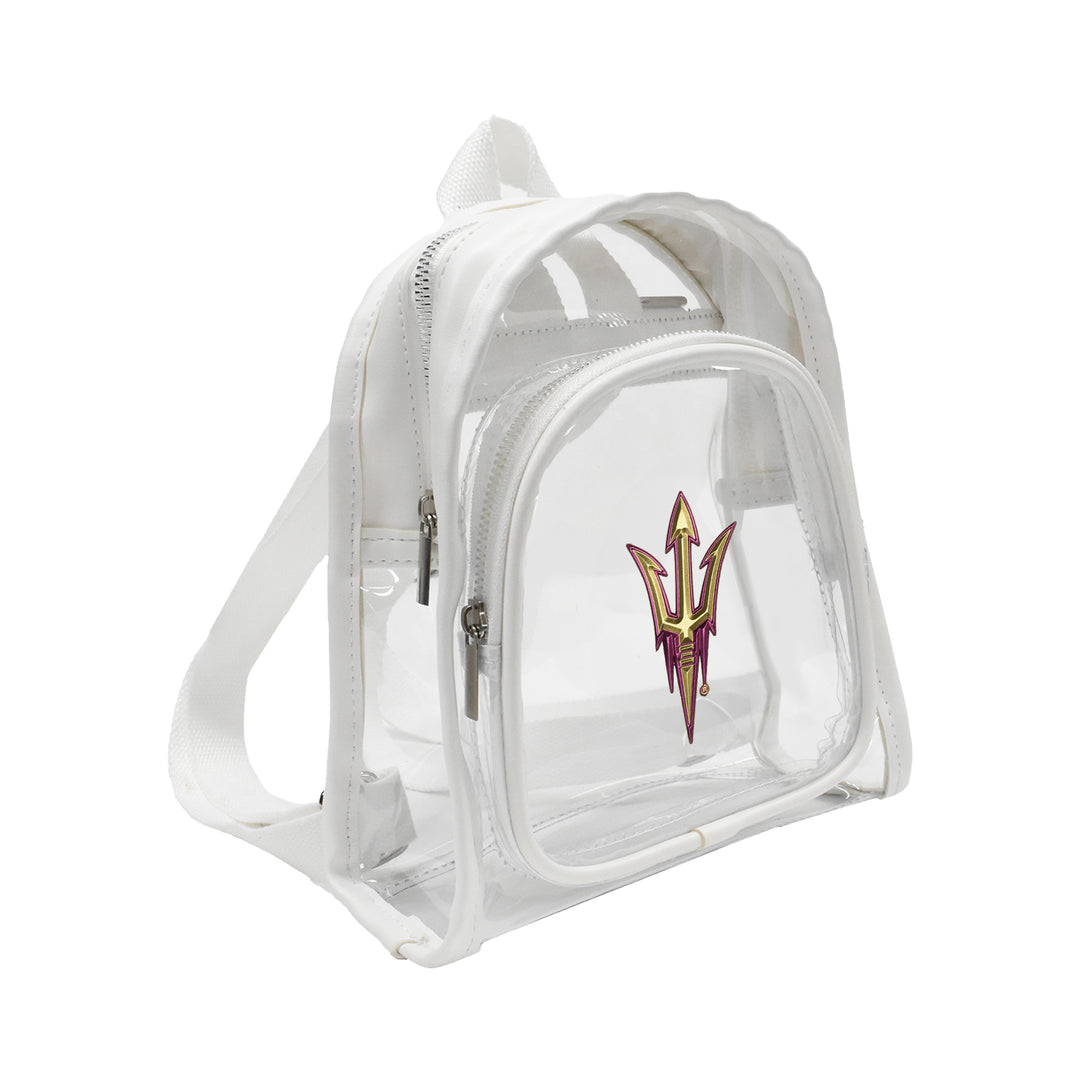 Clear mini backpack with white trim and maroon and gold pitchfork on the small pocket.
