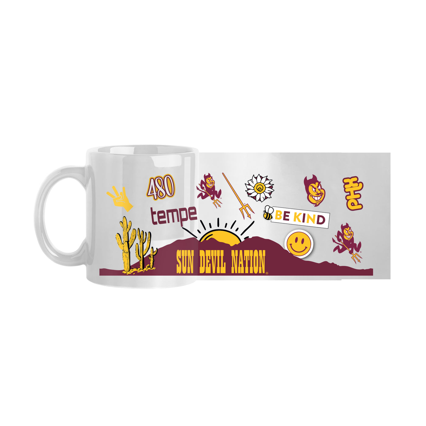 White mug with colorful graphics and text on a white background